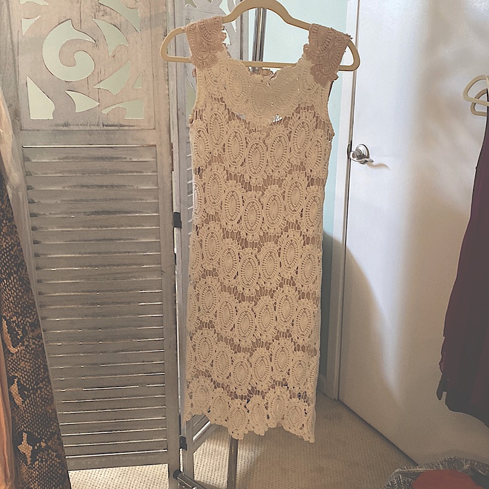 Off white lace overlay, blush color back with back zip